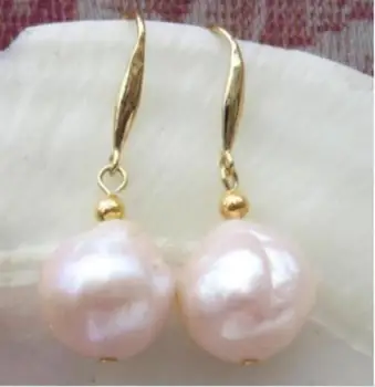 

Gorgeous AAA+++ 12mm natural south sea gold pink baroque pearl earrings 14k/20 gold