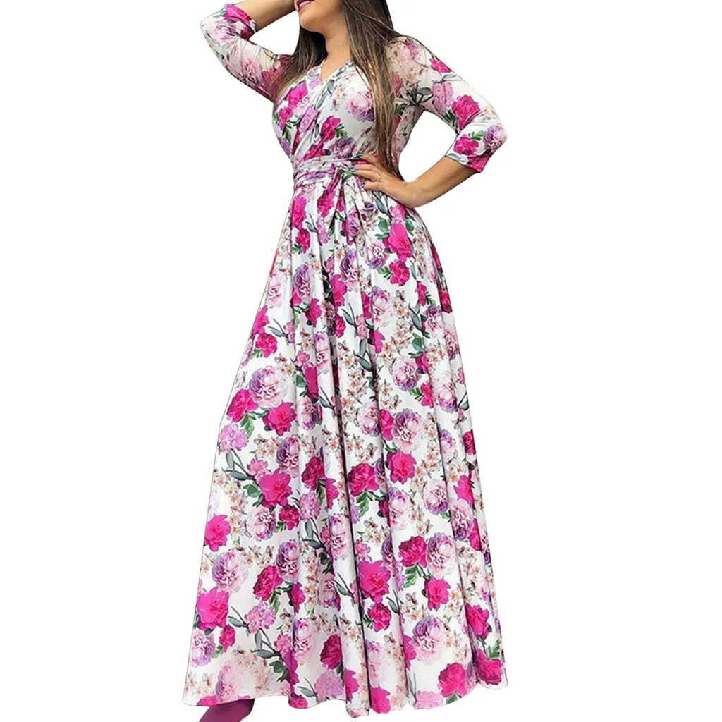 

SAGACE Fashion Women's Dress Long Sleeve Simple Small Fresh Floral Print V-neck Tunic Dress Maxi Dresses For Women With Sleeves