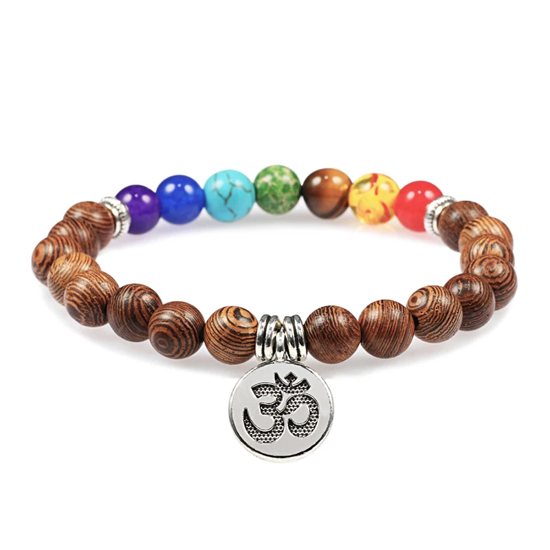 Hot Men Bracelet Wooden Beads Cross 7 Chakra Healing Balance Onyx Bracelets&Bangles Owl Prayer Reiki Buddha Women Jewelry Homme