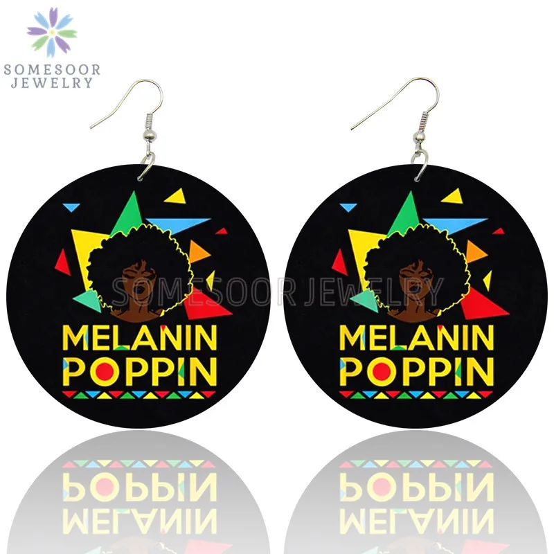 Somesoor Melanin Poppin Queen Curly Wooden Drop Earrings Black Girl Magic Goddess Art Printed Afro Loops Dangle For Women Gifts