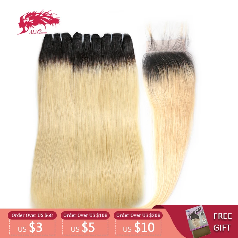 Бразильские прямые волосы пряди с застежкой Ali Queen Hair 1B/613 необработанные