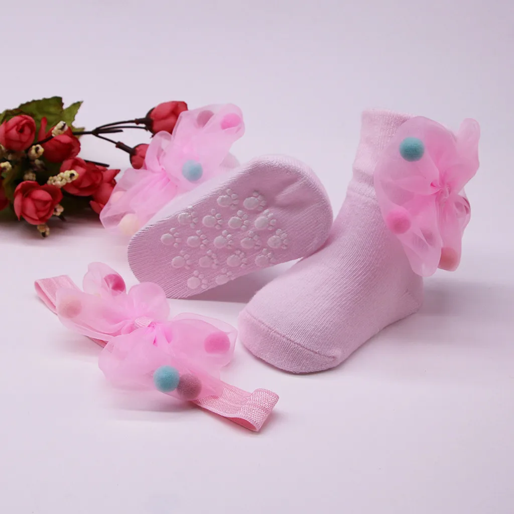 Носки для маленьких девочек, носки для малышей+ 1 шт., пояс для волос, повязка для волос с бантиком, нескользящие носки, махровые носки, красные, белые, розовые