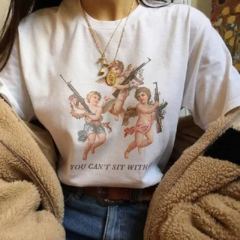 

Loose Harajuku Casual Fun T-Shirt Cartoon Letter Print tops You Cant Sit with Us Three Angels Summer Women's casual Large Size