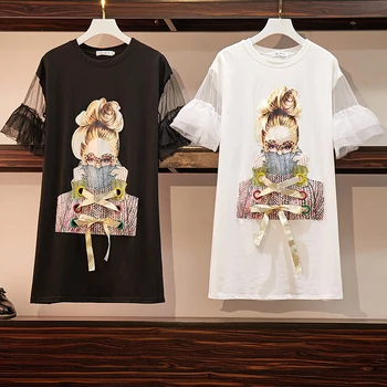 

Plus Size Women's T-shirt Dresses 2020 Fashion Streetwear Spectacles Girl Print Mesh Patchwork Flare Sleeve Dresses S-4XL