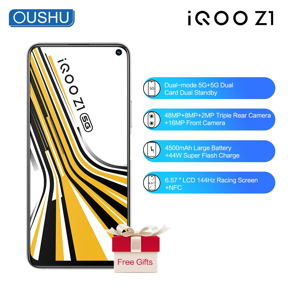 Vivo IQOO Z1 5G MediaTek 1000Plus телефон 4500 мАч большой аккумулятор 44 Вт флэш зарядка 8 Гб 256 ГБ