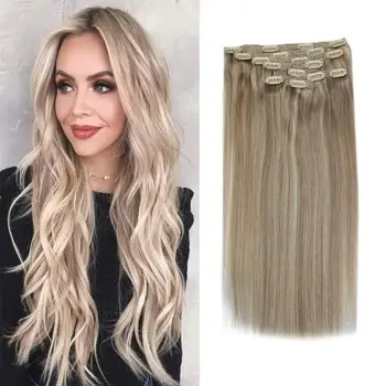 

VeSunny Double Weft Clip in Hair Extensions Real Human Hair 7pcs Clip on Extensions Highlighted Ash Blonde mix Blonde #18/24