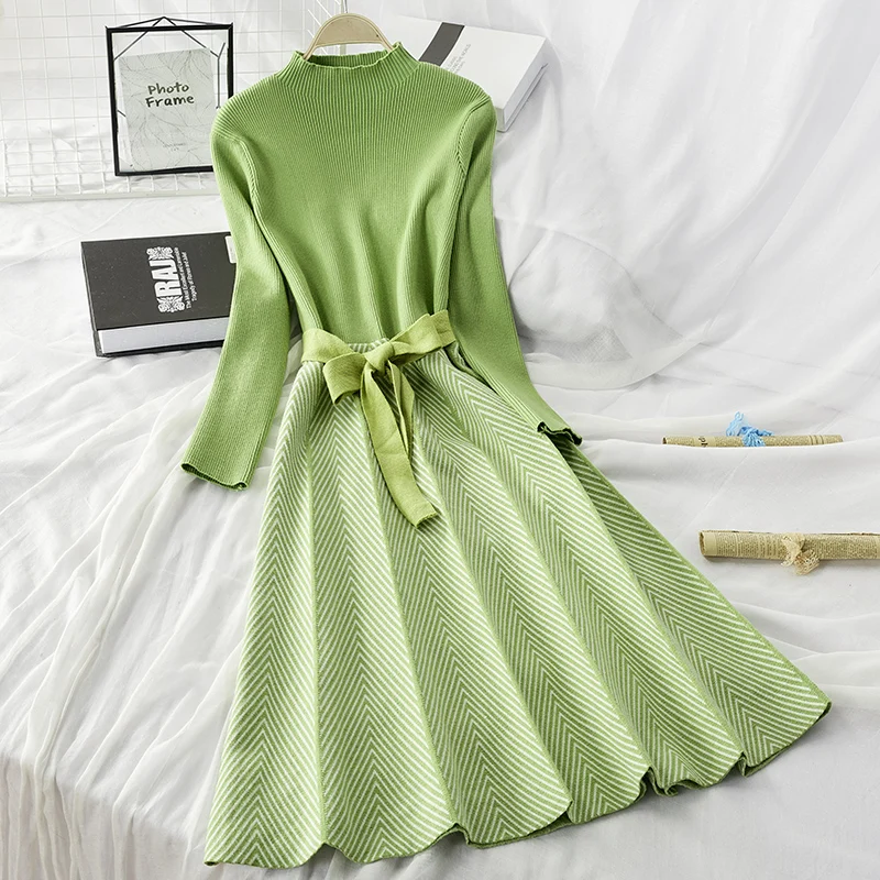 Preise ALPHALMODA Hohe Kragen A line Knit Kleid frauen 2019 Neue Verdickt Pfeil Gestreiften Frauen Elegante Schärpen Gestrickte Kleid