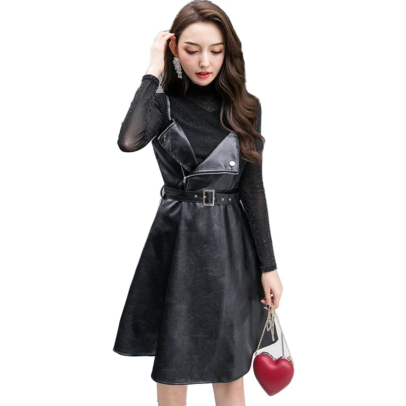 

Vintage PU Leather Dress Women 2019 Autumn Winter Two Piece Mini Dress with Belt Plus Size Shirt Elegant Party Dresses vestidos