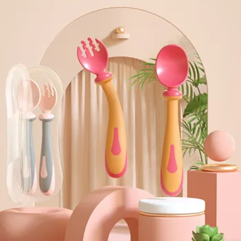 

Baby Bendable Utensil Spoon Fork Set With Travel Safe Box Toddler Baby Children Feeding Training Spoon Easy Grip Heat-Resistant