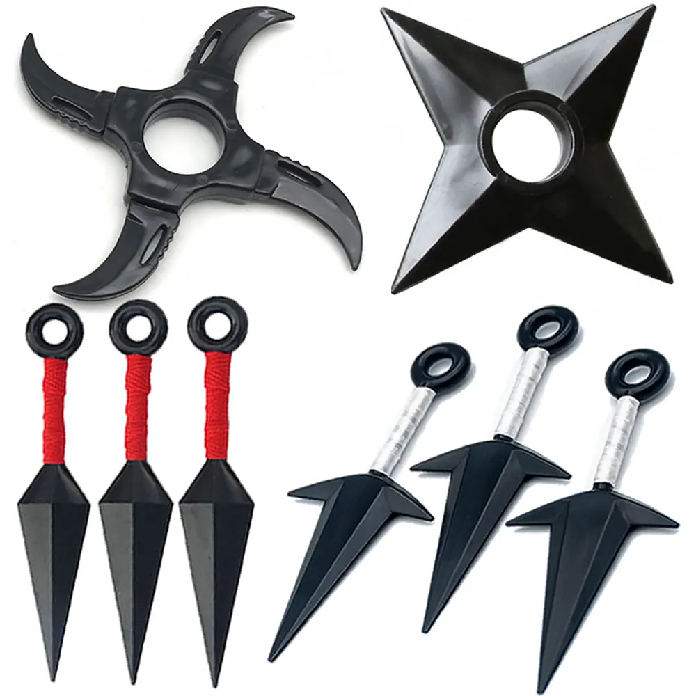 Anime Naruto broń Cosplay, Kunai Shuriken rzutki, akcesoria z tworzywa sztucznego, figurki rekwizyty, figurki kolekcjonerskie, chłopiec dzieci zabawka prezent, zestaw 7 sztuk