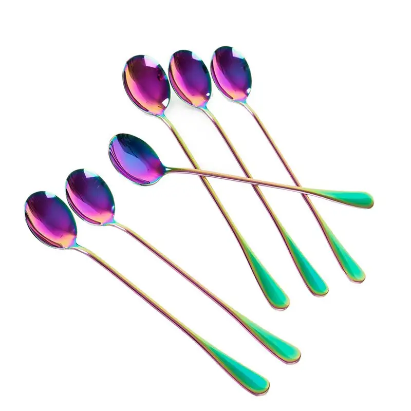 

New 6Pcs Stainless Steel Long-Handled Colorful Soup Spoon Coffee Spoon Ice Cream Coffee Cocktail Teaspoons Soup Tea Spoons Set
