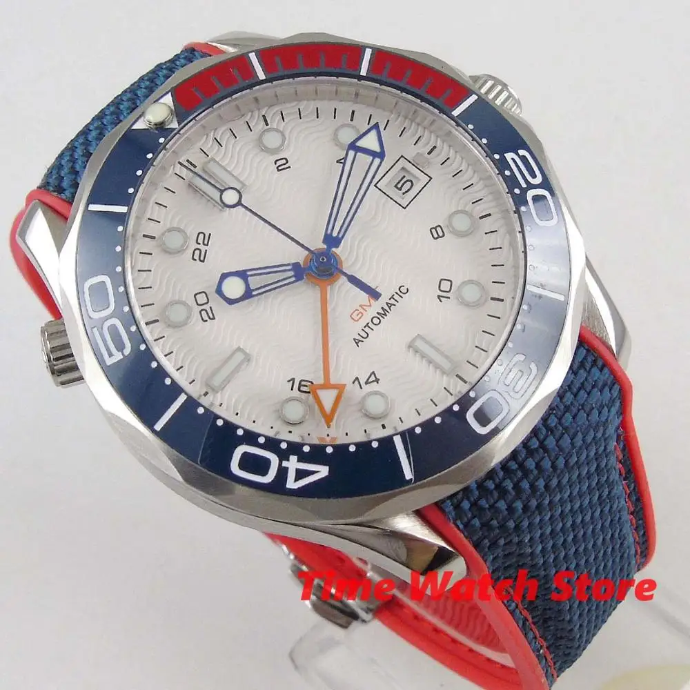  Bliger 41mm GMT 3804 automatic wrist watch men waterproof Luminous white dial date blue red ceramic