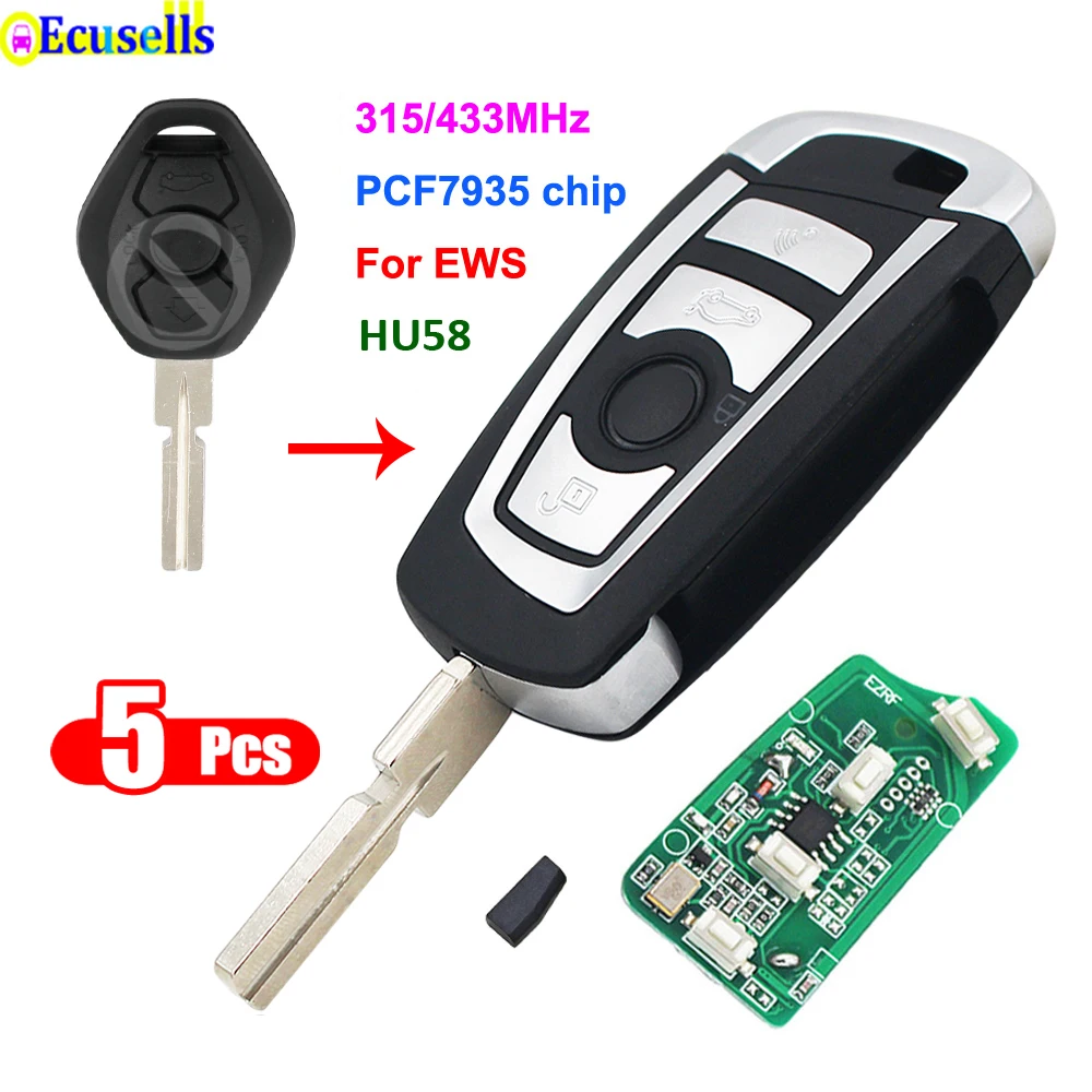 5pcs/lot Modified flip 3 Button 315MHZ 433MHZ remote key fob for BMW EWS 325 330 318 525 540 E38 E39 E46 M5 X3 X5 ID44 CHIP HU58 |