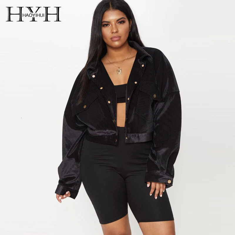 HYH Haoyihui 2019 New Fashion Autumn Large Size Locomotive Wind Corduroy Pocket Button Decoration Short Long Sleeve Jacket | Женская