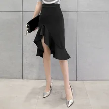 Женское платье с разрезом, завышенная талия, с неровным воланом, сексуальная посылка, бедра, длина до колена, модная юбка в один шаг, рыбий хвост