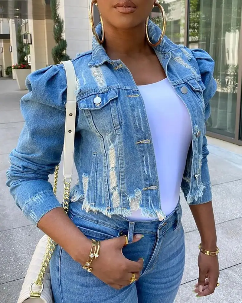 

2020 Women Fashion Elegant Casual Autumn Turn-down Collar Oversize 3XL Puff Sleeve Stylish Puff Sleeve Frayed Denim Jacket