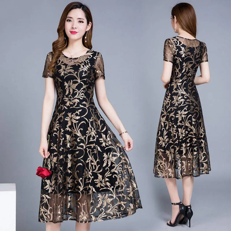 

Mom's High-quality Plus size 4XL vintage party dress Spring elegant black A-line printed Dress women elegant banquet dresses
