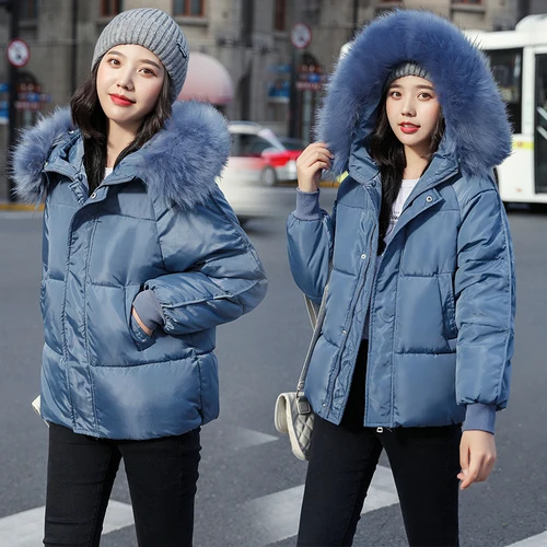 

2019 Autumn Winter Korean Version New Style Large Wool Collar Loose Short Female Cotton Padded Clothes Thick Student Blue Tops