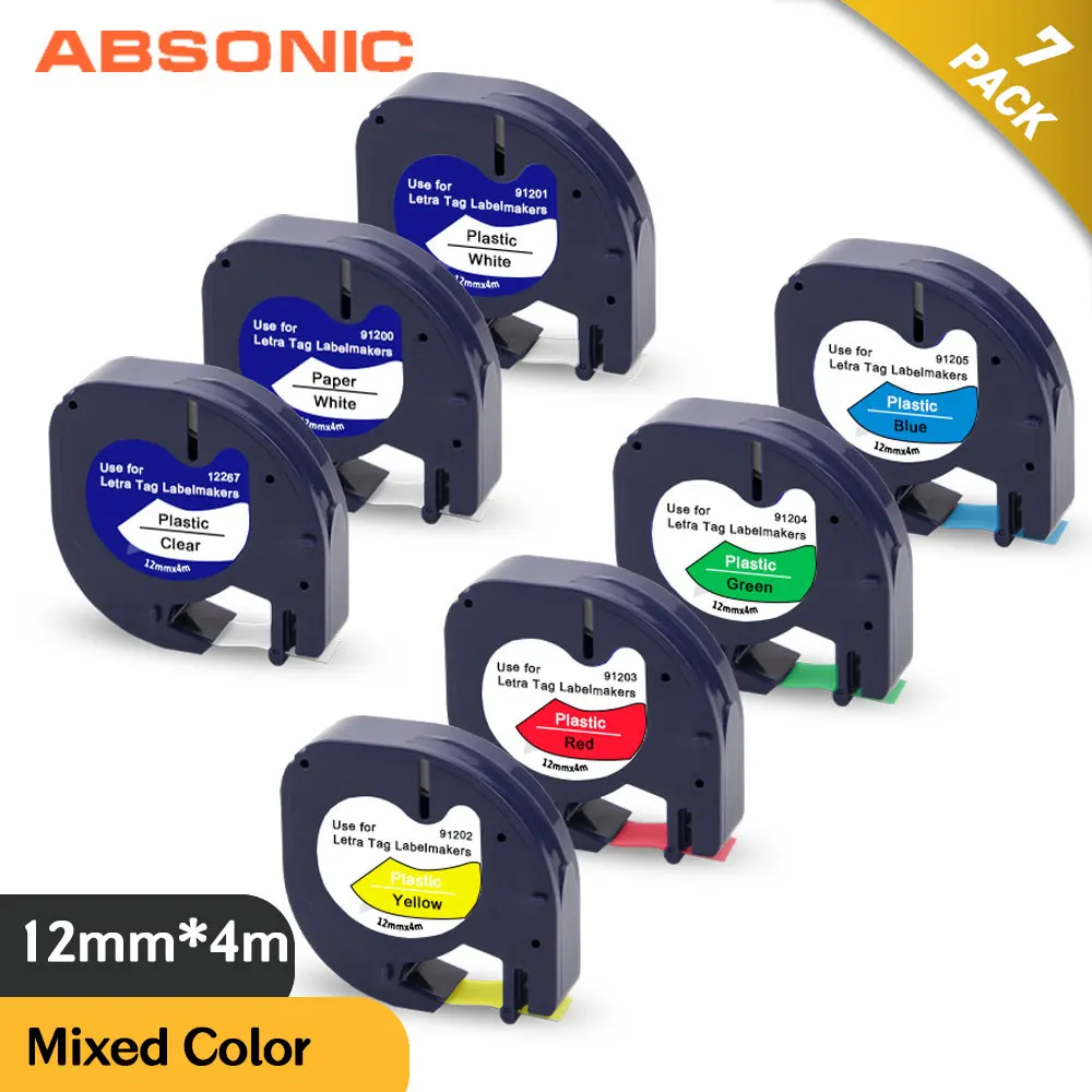 Absonic 7PK совместимая лента Dymo Letratag 12 мм 91202 91203 91204 91205 91200 Смешанная цветная этикетка