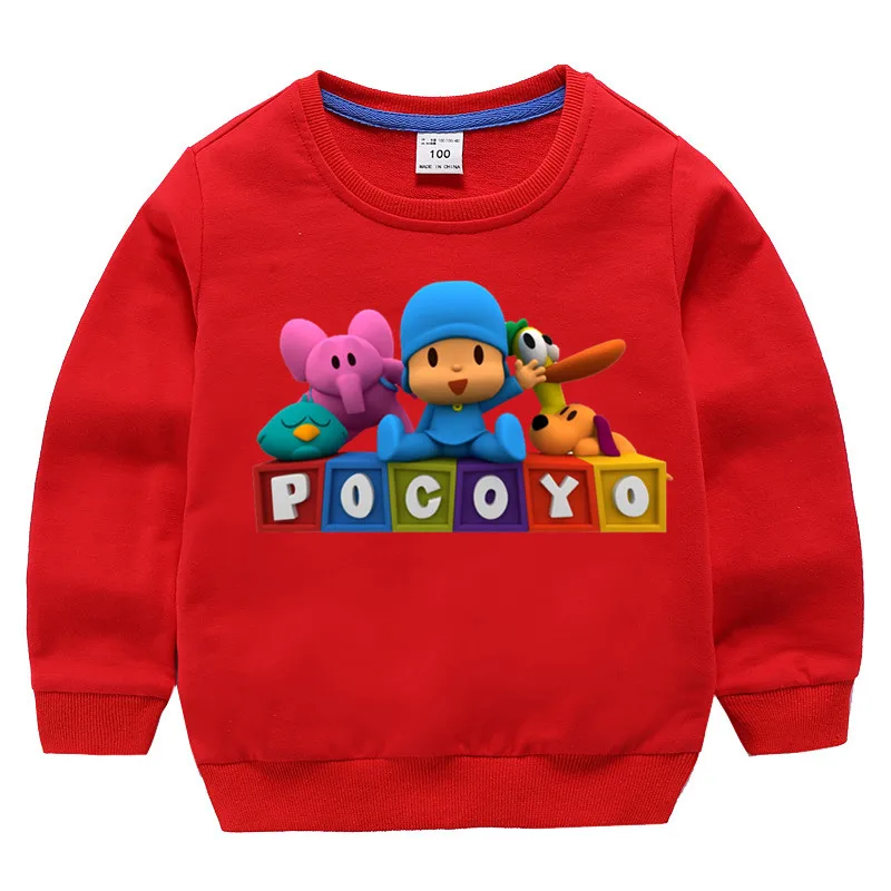 Детские хлопковые толстовки с капюшоном с принтом Pocoyo, хлопковый пуловер для девочек, топы для маленьких мальчиков, осенняя одежда - Цвет: T127O-Red