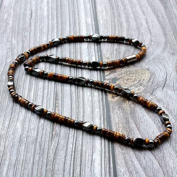 Men Beaded Choker Necklace Tiger eye stone with Hematite Tribal Jewelry Surfer Necklace