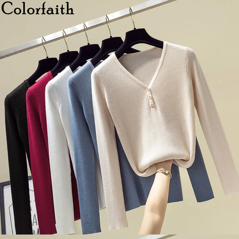Colorfaith, новинка, Осень-зима, женские свитера с v-образным вырезом, вязанные, корейский стиль, тонкие, одноцветные, минималистичные топы, SW8855