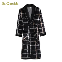 Мужской халат кимоно с длинным рукавом, ночная рубашка, зимний толстый 3 слоя, Мягкий банный халат, бархатный черный мужской халат, роскошный мужской халат в клетку
