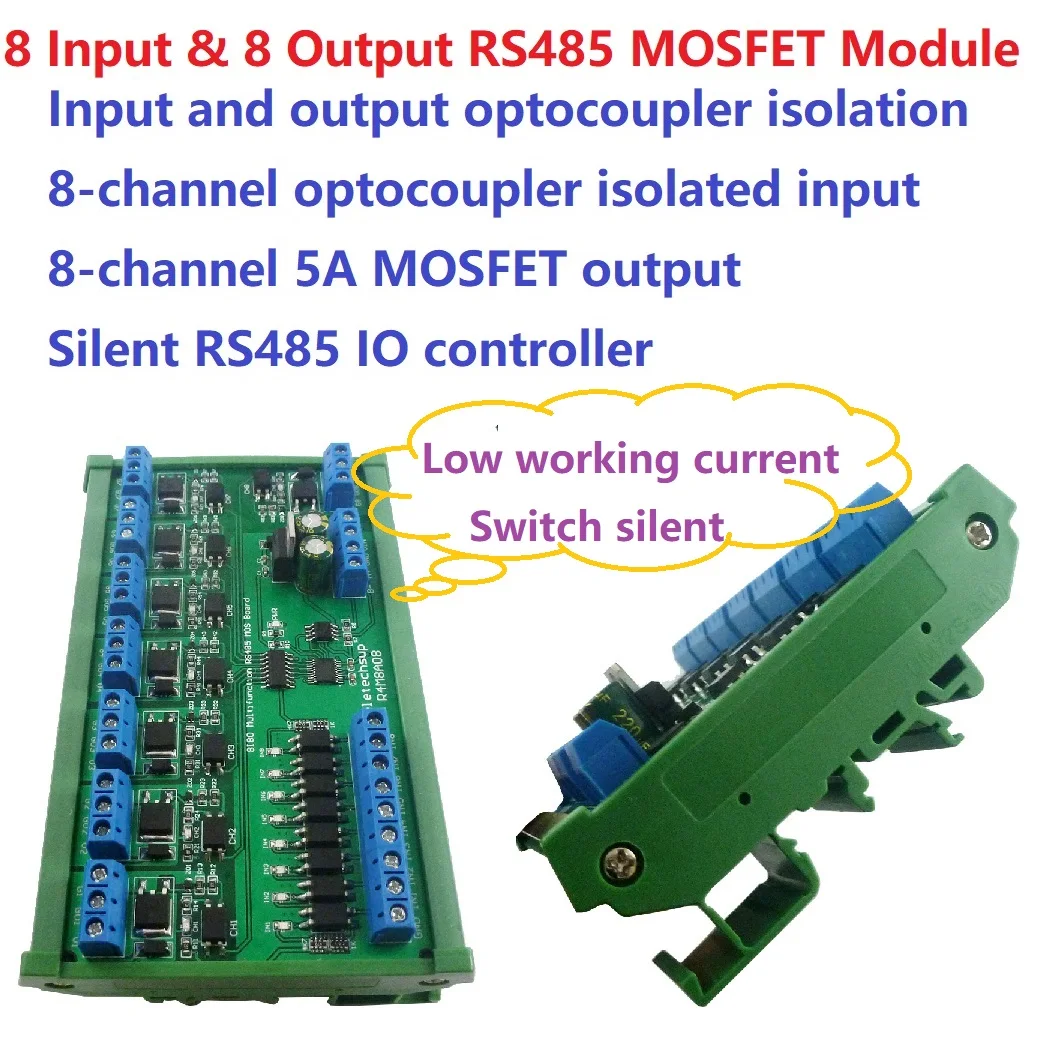 레일 박스 UART RS485 MOSFET 모듈, R4M8A08 DC 12V 24V 8 절연 IO DIN35 C45