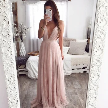 

Women Sexy Deep V Neck Backless Pink Dress Elegant Sleeveless Spaghetti Strap Lace Evening Maxi Dress Ladies Long Party Dress