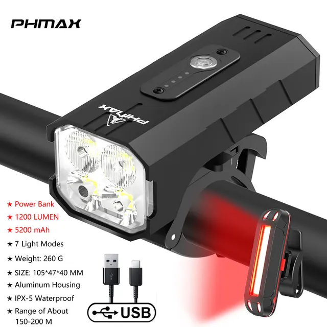 PHMAX Bicycle Flashlight 1500mAh 500 Lumens LED MTB Bike Front Light USB Rechargeable Rainproof Bike Lamp Set Bicycle Headlight QD-3201T