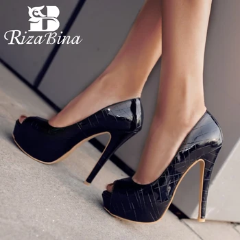 

RIZABINA Solid Color Shoes Women Leather Pattern Women Pumps Peep-Toe High Heels Party Casual Club Footwear Size 33-48