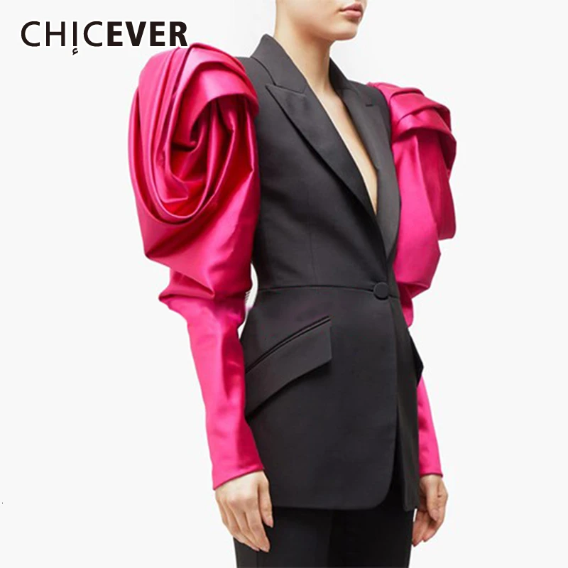 CHICEVER Elegant Hit Color Blazer For Women Puff Sleeves Notched Single Button Pocket Female Blazers 2022 Spring Fashion New | Женская