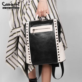 

Fashion Female Rivet Waterproof Backpacks Genuine Leather Laptop Shoulder Bag for girls Black Punk Schoolbag 12 Inch Traval Bags