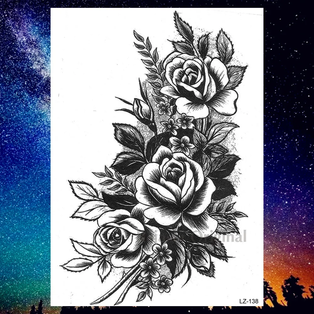 DIY Роза временные искусственные татуировки черный цветок водостойкие татуировки стикер Женская мода боди-арт Татуировка на руку для взрослых праздник шоу - Цвет: PLZ138