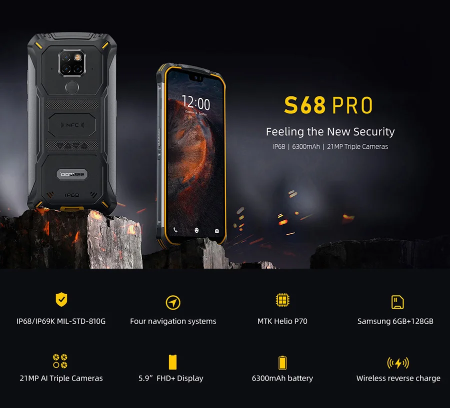 IP68 Водонепроницаемый DOOGEE S68 Pro прочный телефон Helio P70 Восьмиядерный 6 ГБ 128 Гб Беспроводная зарядка NFC 6300 мАч 12V2A зарядка 5,84 дюймов