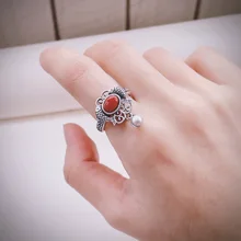 

Retro Matte Tassel Bead Fish Adjustable Opening Rings for Women 925 Sterling Silver South Red Agate Finger Ring Jewelry JZ012