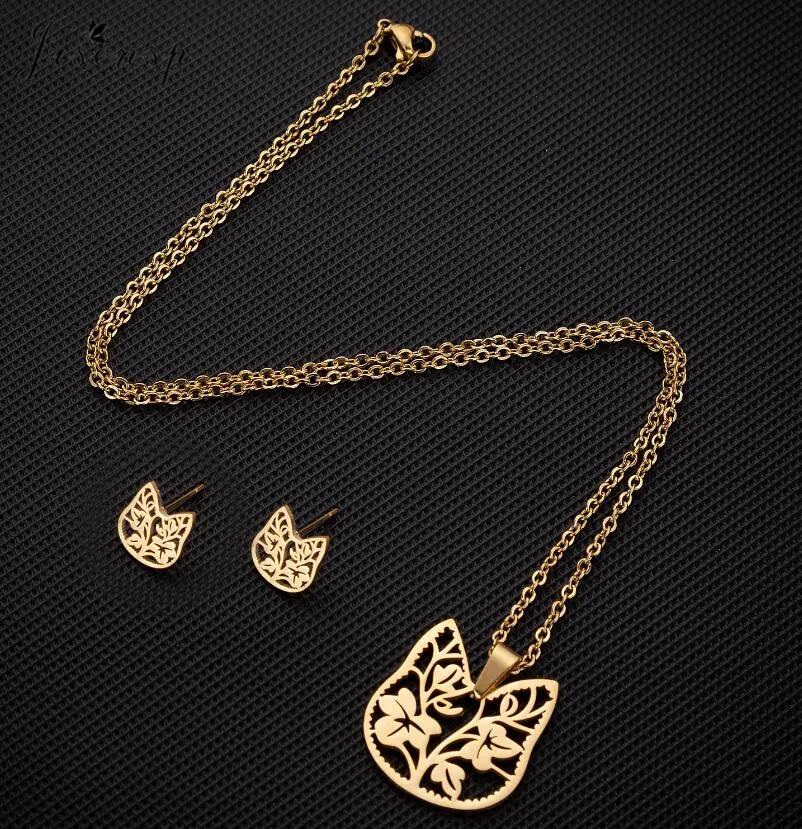 Jisensp Stainless Steel Jewelry Sets Unique Design Cat Flowers Choker Necklace Earrings Fashion Jewelry for Women Party Gift