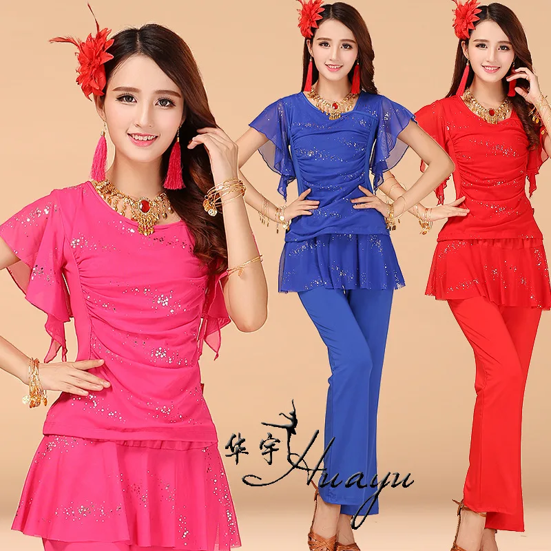 

Ella Square Dance Latin Dance Middle-aged Multi-color Flounced Sleeves Tops Sequin Pant Suit Hy2224