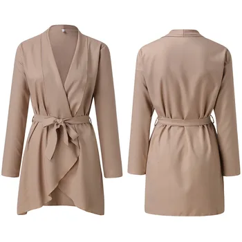 

Spring Womens Jackets And Coats Casual Streetwear Women Windbreaker Plus Size Women's SolidTie V-Neckle Long-Sleeved Coat