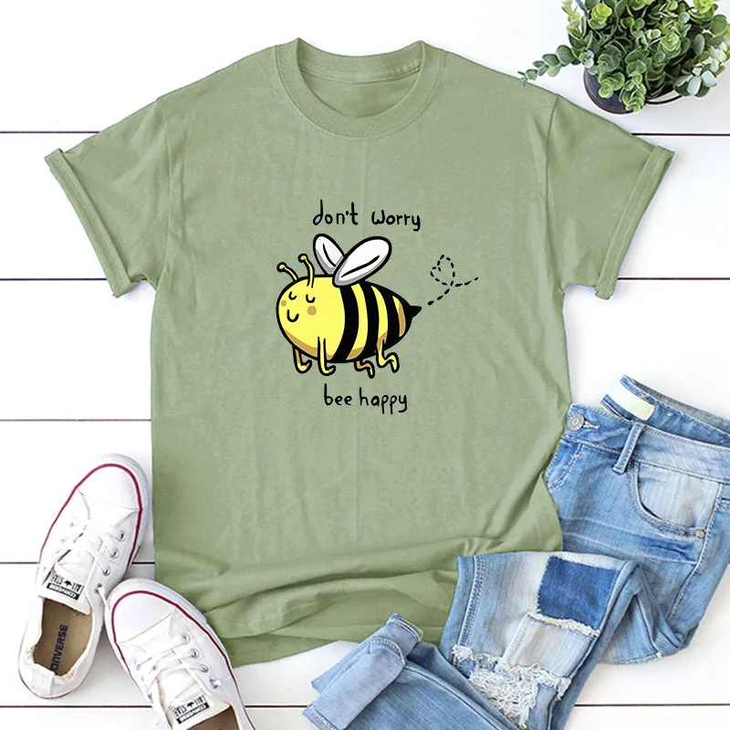 SINGRAIN Female Cute Cartoon T-shirt Letter Yellow bee Print Tees Tops Summer Streetwear 100% Cotton Women Large sized T shirt | Женская