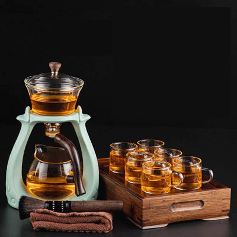 Lazy Kungfu Glass Tea Set, Magnetic Water Diversion Rotating Cover Bowl, Semi-Automatic Glass Teapot Suit for Home Gifts, Outd