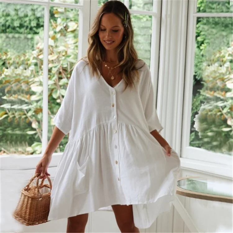 

Women Summer Beach Dress Shirt Cotton Solid Swim Bikini Cover UP Beachwear Sexy Deep V-Neck Oversized Bathing Suit Sarong Mujer