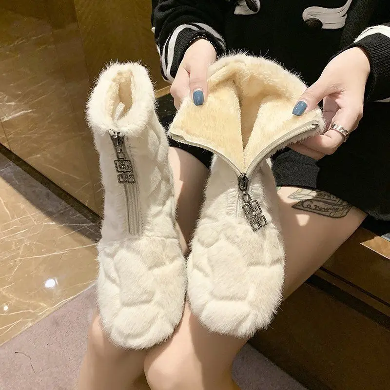 New Winter Cotton Boots Women's Fur Short Boots Soft Bottom Comfort Front Zipper Mink Fur Snow Boots Slip On Women Boots Fashion