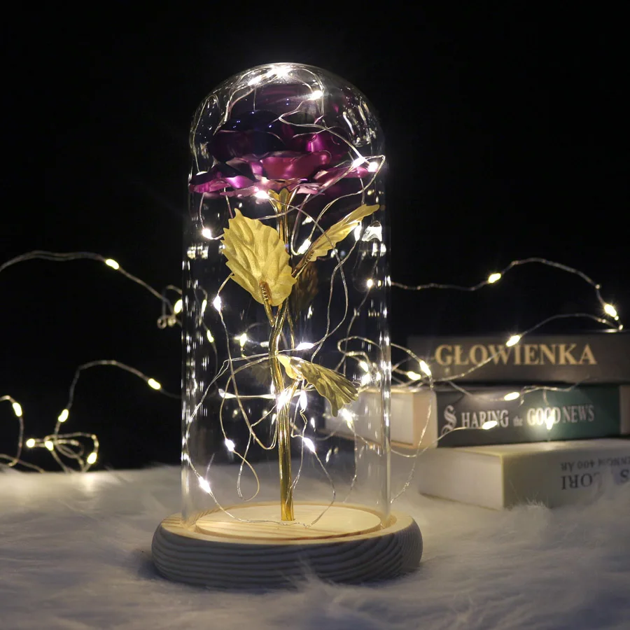 

HOT Rose In Flask Beauty And The Beast Gold-plated Red Rose With LED Light In Glass Dome For Wedding Party Mother's Day Gift