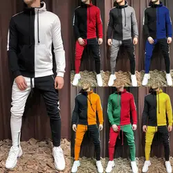 Мужской комплект толстовки с длинными рукавами + брюки ropa hombre мужской осенний лоскутный свитер на молнии топ брюки наборы спортивный