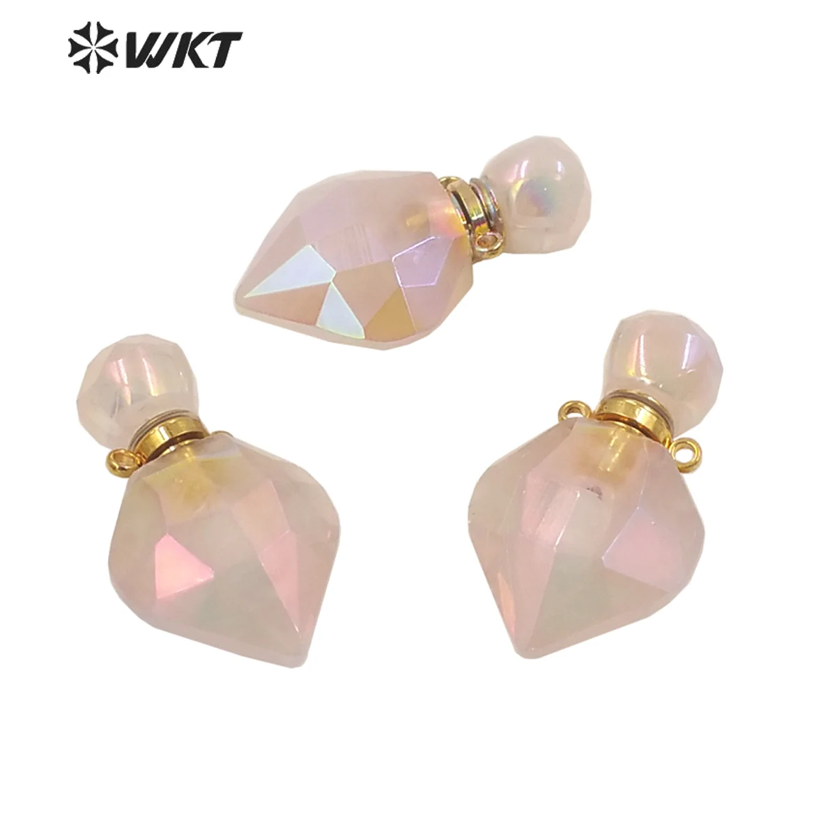 

Оптовая продажа, Модная Золотая Женская Популярная бутылка для парфюма с розовым кварцем Aura, элегантная маленькая эссенциальная бутылка для масла в форме капли