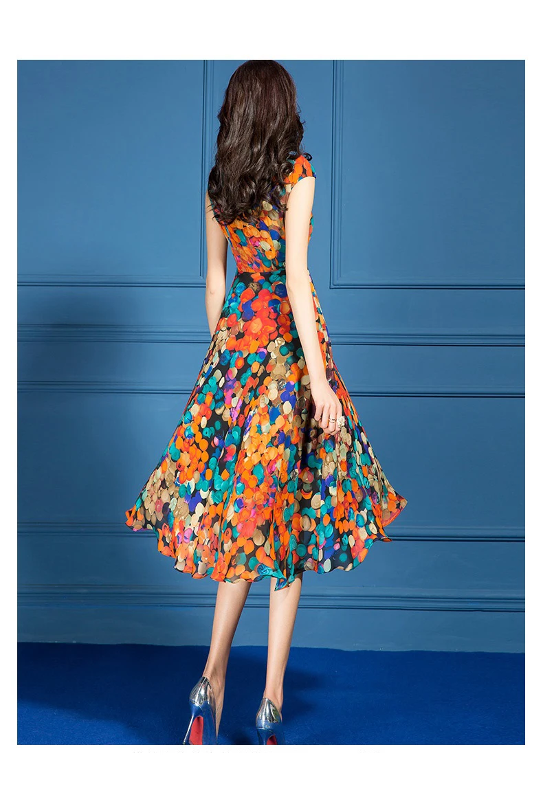 2021 Summer Fashion Sleeveless Colorful Dot Print A Line Chiffon Dress Women
