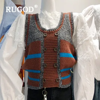 

RUGOD Vintage Loose Contrast Color Double-breasted Sleeveless Waistcoat Knitted Vest Women Kpop Clothes