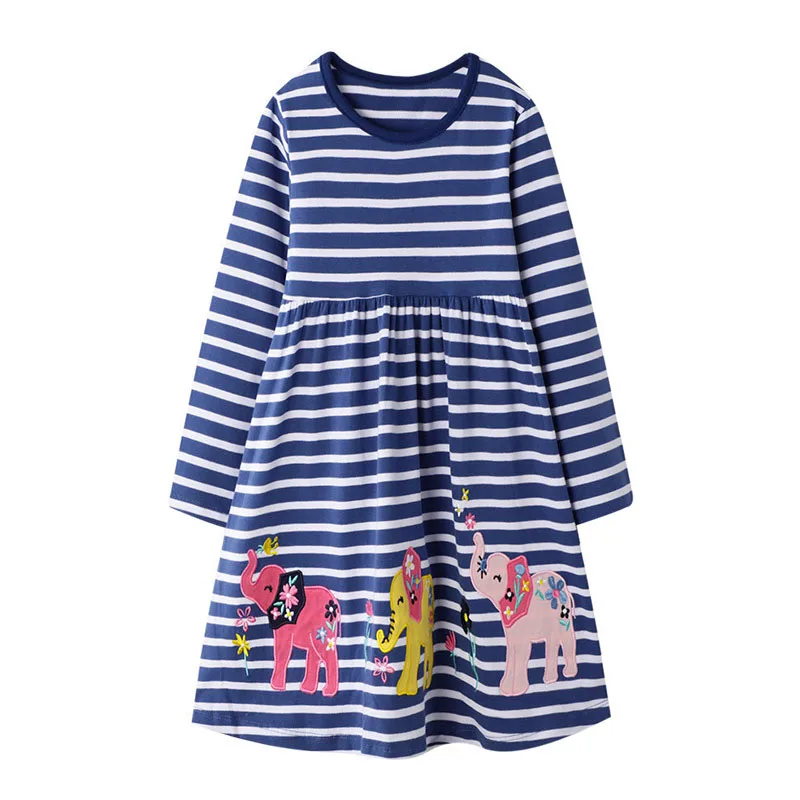 Jumping meter/праздничные платья для маленьких девочек; одежда с динозаврами и бисером; Хлопковая полосатая пачка; детское платье; костюм на осень и весну - Цвет: T7114 elephant