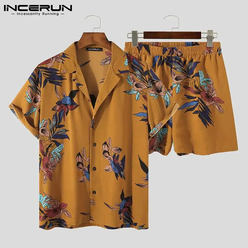 Shorts Sets Hawaiian-Suits Streetwear Printed INCERUN Casual Men Summer 5XL Lapel Breathable